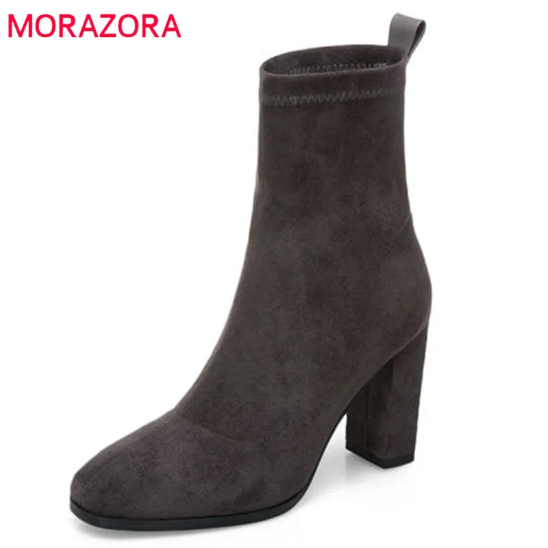 

MORAZORA 2020 top quality cow suede leather ankle boots slip on fashion high heels boots autumn winter warm female shoes black