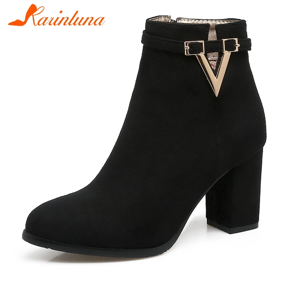 

KARINLUNA Brand New Square High Heels Solid Round Toe Zip Metal Decoration Shoes Woman Casual Winter Boots Big Size 33-43