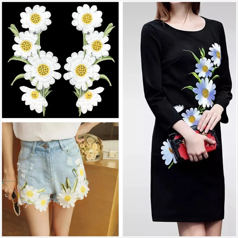 

Embroidery Patches For Clothing 1 Pair Flowers Applique DIY Accessory Clothes Stickers Light Yellow Daisy Cloth Patch