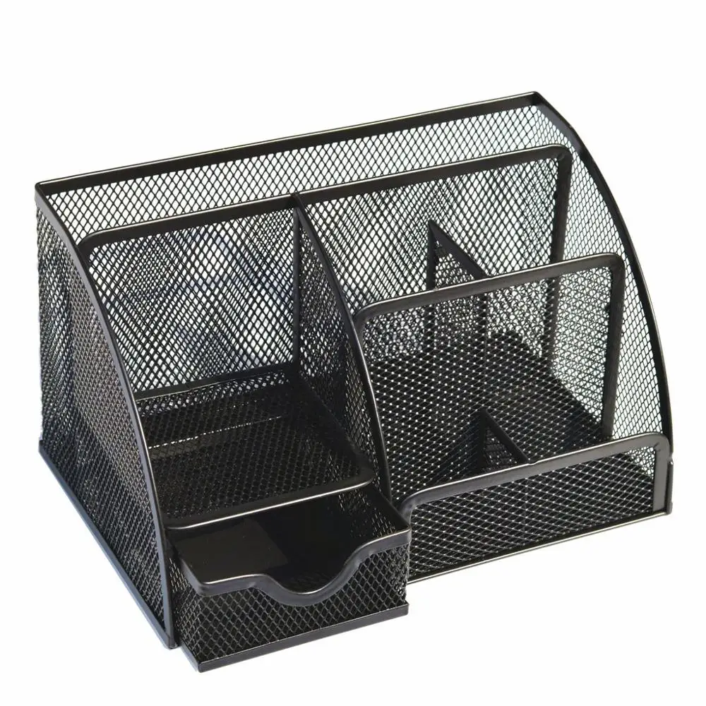 Multi-function metal desktop Organizer with 6 Compartments Drawer | The Mesh Collection Black Office storage rack#2B03