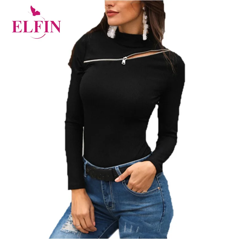 

Slim Tshirt Women Long Sleeve Zipper Round Neck Ladies T-shirt Solid Workwear Womens Blusa Shirts Female Clothing SJ1508R
