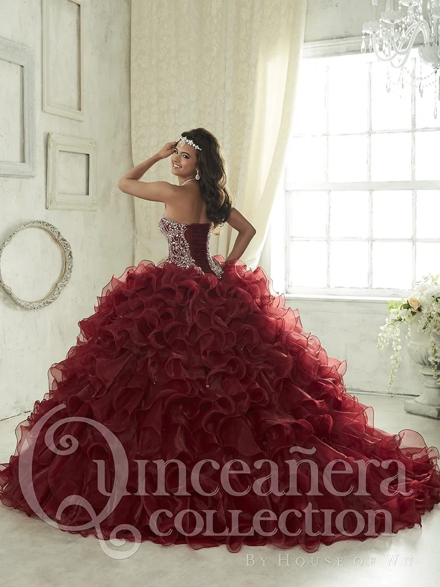 Бордовые платья Quinceanera бальное платье милые, кристалльные, бисером и оборками Сладкий 16 платье Vestidos De 15 Anos вечерние платья