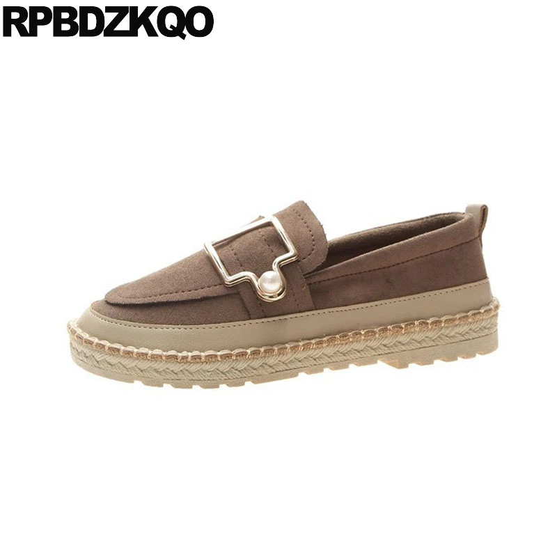 

Spring Autumn Metal Nude Ladies Beautiful Flats Shoes Hemp Pearl Size 35 Suede Loafers Brown Slip On Women Chinese Espadrilles
