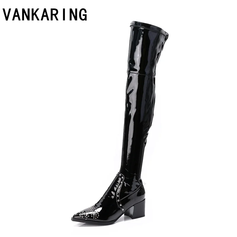 

brand shoes women patent leather over the knee motorcycle boots elasticity thigh high boots black autumn winter boots women shoe
