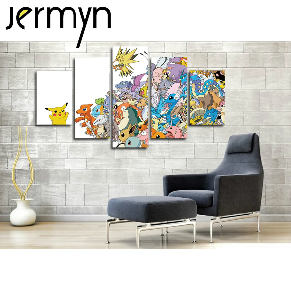 JERMYN 5 Piece Wall Art Pokemon Go Cartoon Game Pikachu Oil Painting