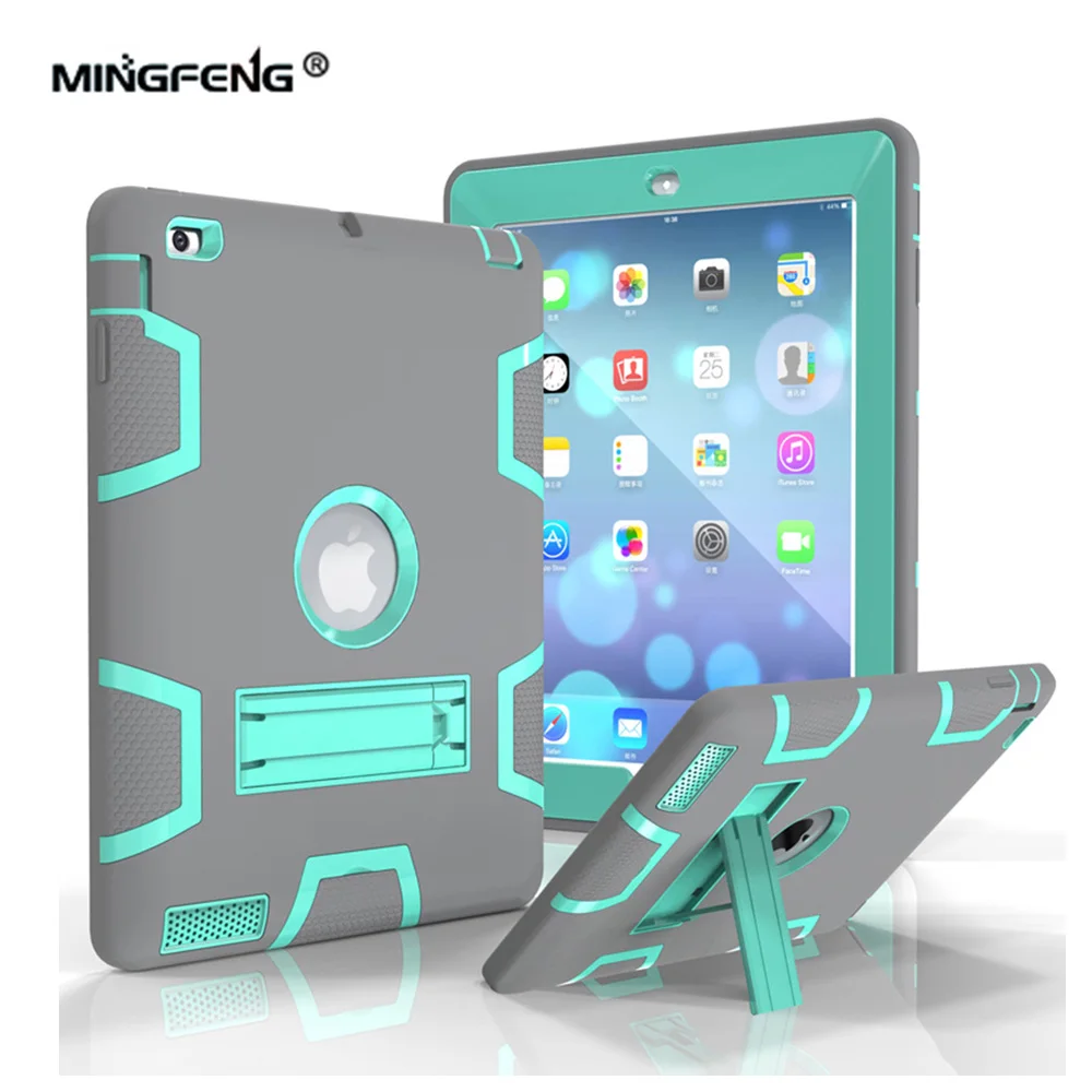 

For Apple iPad2 Case Silicone and PC Shockproof Heavy Duty Armor Cover for iPad3 iPad4 9.7inch Tablet Case Hard Cover with Stand