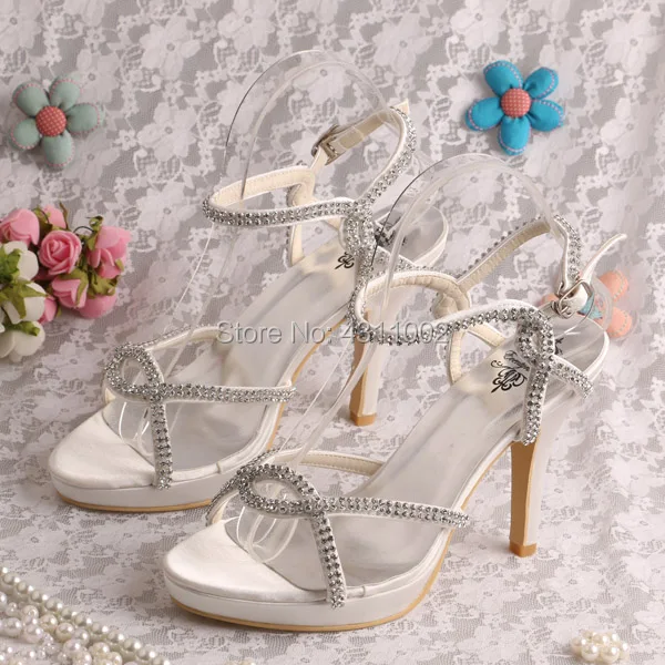 Летние босоножки со стразами на высоком каблуке; белые туфли на платформе; свадебные женские туфли