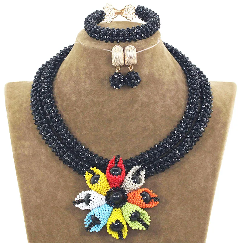 

Fashionable Color Flower Pendant with 2 Layers of Black Crystal Necklace and Jewelry Set Free Shipping WX034