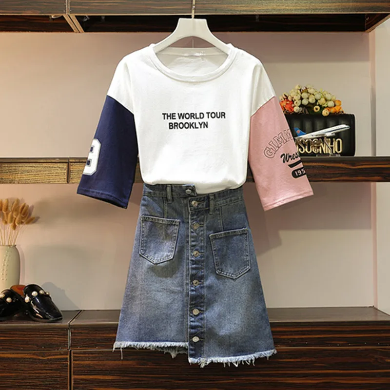 

L-XXXXL Women Contrast Color Block Letter Loose Cotton T Shirt Tee+Single-Breasted Jean Skirt 2PCS Sets Tassel Denim Skirts Set