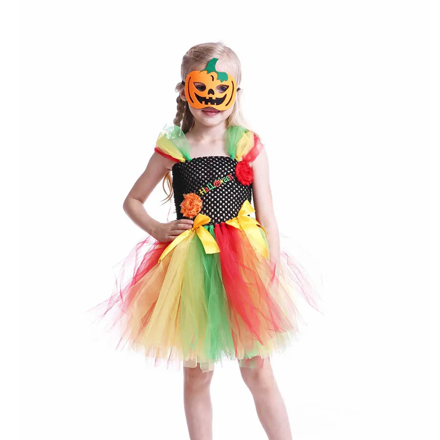 Halloween TUTU Dress with Pumpkin Mask Rainbow kids Birthday Dress Girls TUTU Princess Photo Prop (6)