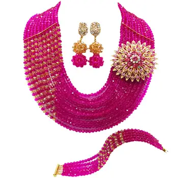 

Fuchsia Pink Gold AB African Beads Jewelry Set Nigerian Wedding Accessories Crystal Bridal Party Jewelry Sets Necklace 10JZ03