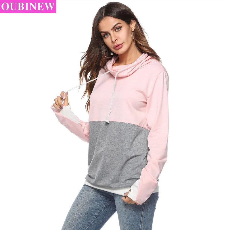 OUBINEW New Fashion Casual Hoodies Long Sleeves Color Stitching Harajuku Girl Light Yellow