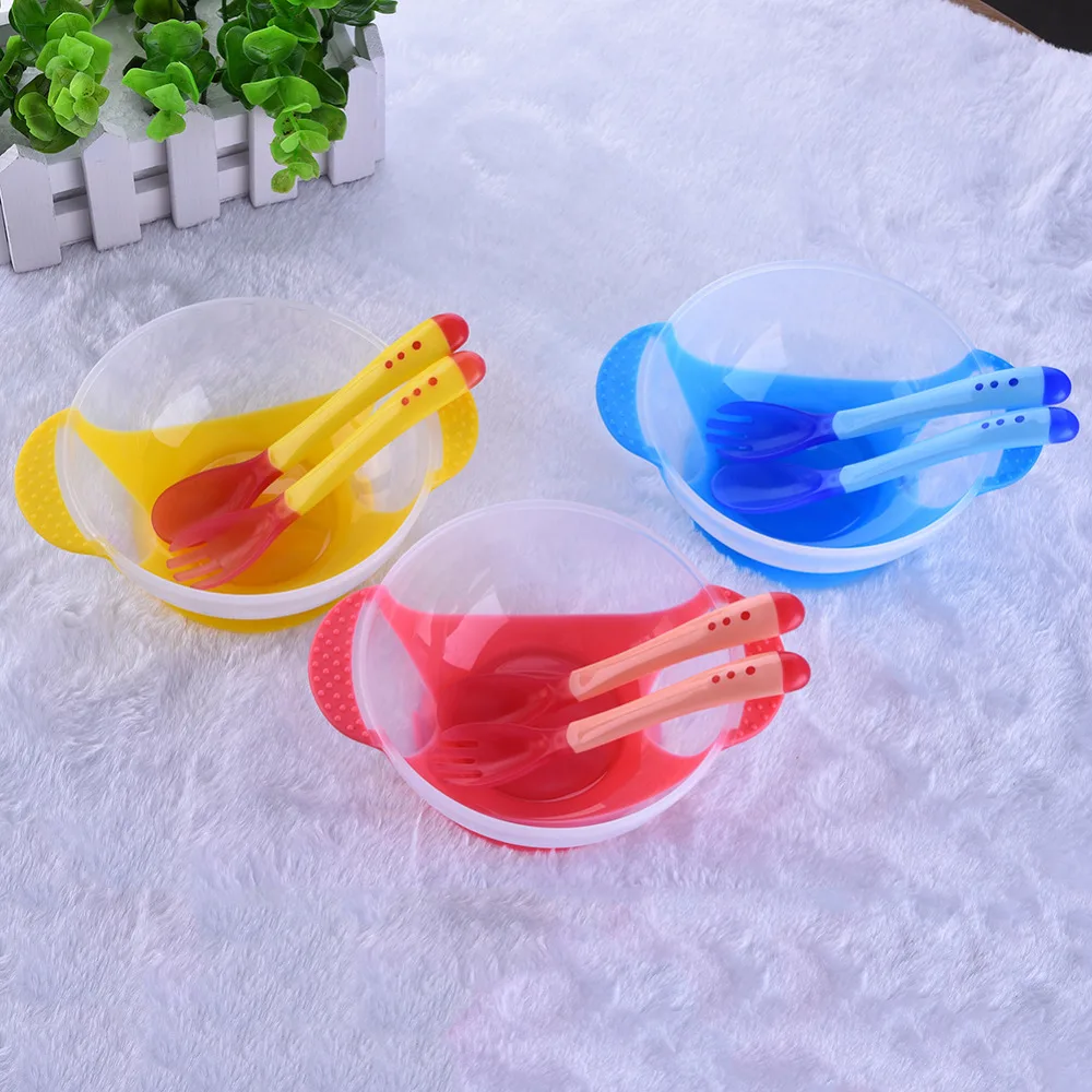 3pcs/set Baby Assist Bowl +Temperature Sensing Spoon+ Fork Infant Kids Feeding Bowl Set Baby Learning Tableware Solid Feeding 3pcs/set Baby Assist Bowl +Temperature Sensing Spoon+ Fork Infant Kids Feeding Bowl Set Baby Learning Tableware Solid Feeding