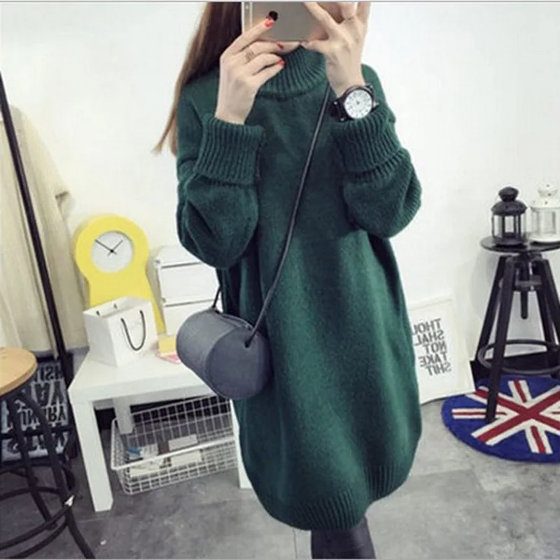 

New Loose Long Half High Collar Thickening Bottoming Sweater Knitwear Khaki Dark Green Dark Gray Tibetan Wine Red Sweater Women
