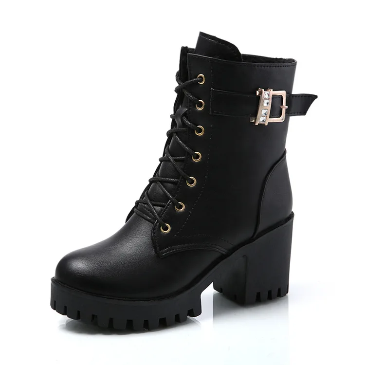 

Efbaba Lace-up High Heel Platform Ankle Boots Square Heel Casual Wedge Boots Short Plush Martin Boots Round Toe Botas Feminina