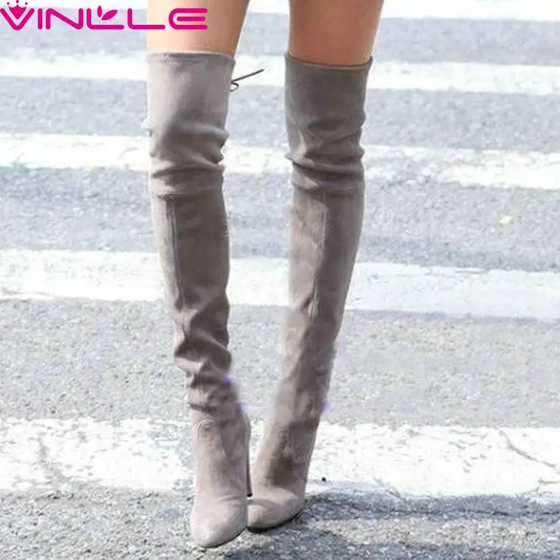 

VINLLE Lace Up  Western Long Boots Over The Knee Boots Woman Genuine Leather 10 CM Square High Heel Women Winter Shoes Size 4-9