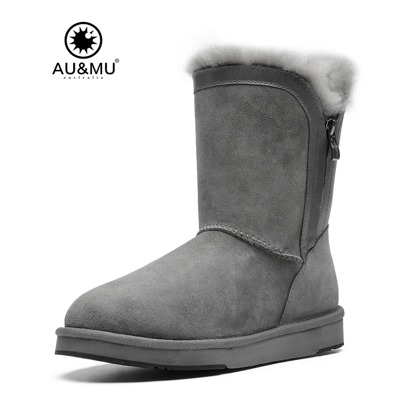 

2018 AUMU Australia Suede Fur Flat Thick Platform Round Toe Rubber Soles Zipper Winter Snow Boots N391