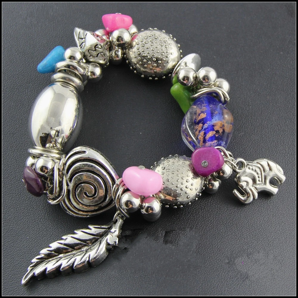 

CirGen,Vintage Silver plated Enamel Coloure glaze Stone Bead Elephant/Cross Pendant Charm elasticity Bracelet Bangle Jewelry,B40