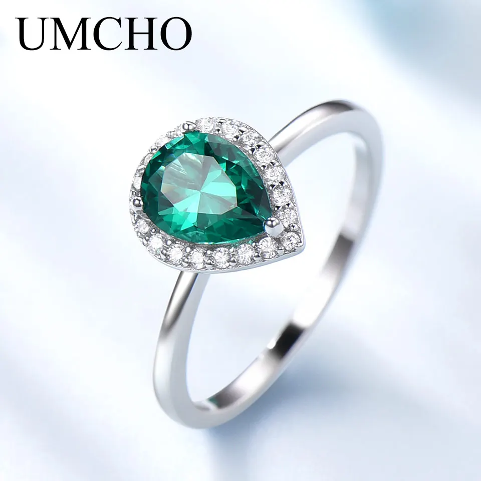 

UMCHO Romantic Water Drop Created Emerald Rings 925 Sterling Silver Rings For Women Birthday Gift Fine Jewelry