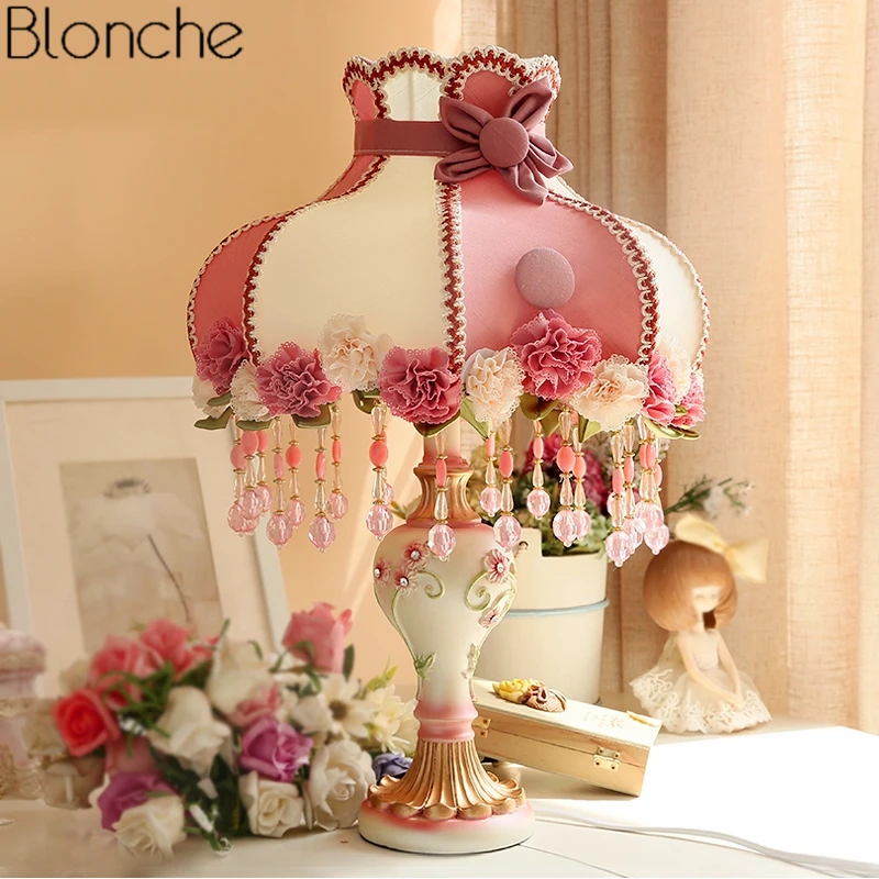 Korean Pink Princess Table Lamp Flower Led Stand Desk Light for Living