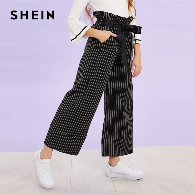 SHEIN/черные повседневные штаны в Вертикальную Полоску с поясом для девочек; леггинсы для девочек; коллекция года; сезон весна; модные широкие штаны; корейская детская одежда