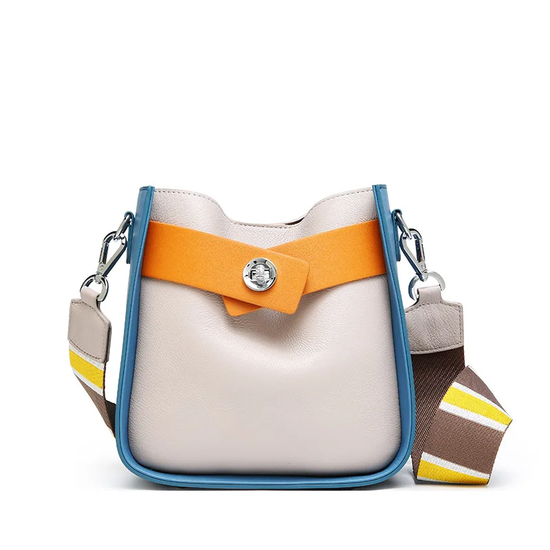 Роскошные сумки из натуральной кожи, женские ведра, модная Лоскутная сумка через плечо, сумка через плечо для женщин, Три ремешка - Цвет: White with blue