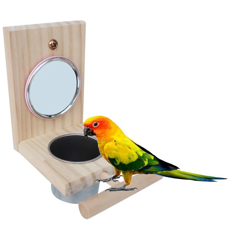 Деревянная миска для кормления птиц из нержавеющей стали с зеркалом, комбинированная подставка для попугая, игрушечная чашка для птиц, птичья клетка, станция Ra