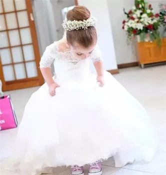

White Lace Off Shoulder Flower Girl Dress for Wedding Half Sleeves Custom Made Any Size