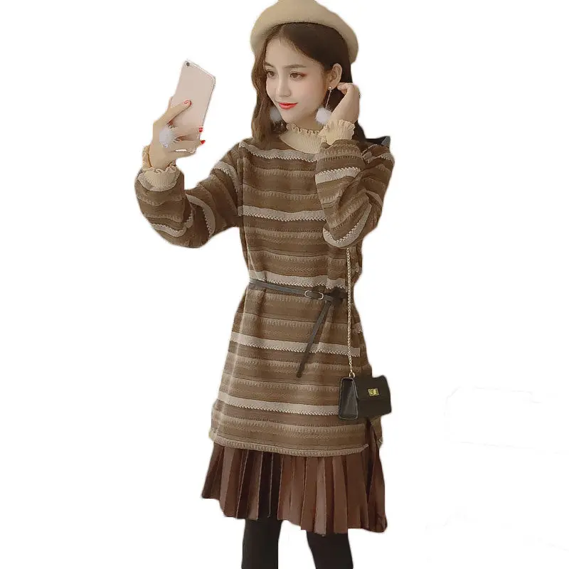 

Autumn Winter Wool Dress 2018 New Women's Long Sleeve Striped Thicken Dress Splice Hem Female Casual Loose Dresses LQ502