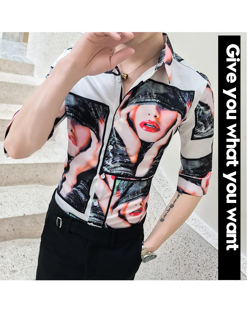 Корейский Смокинг Рубашка с длинным рукавом 2019 г. летняя простая Slim Fit Повседневное пикантные Красота рубашка с принтом Для мужчин ночной