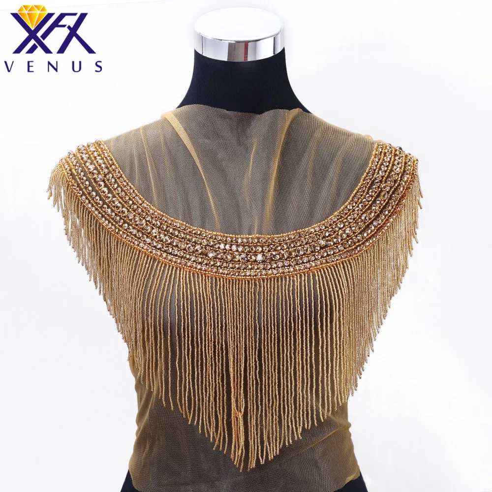 

XFX VENUS 1 PIECE Rhinestones Sequins Beads Applique Crystals Decorative Patches Bridal Long Trim Dress Patch