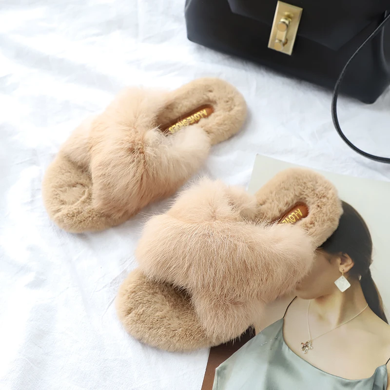 

Phyanic 2018 Autumn Winter Nature Rabbit Fur Flat Heel Slides Bedroom Girls Velvet Slippers Soft Fur Flip Flops Women Slippers
