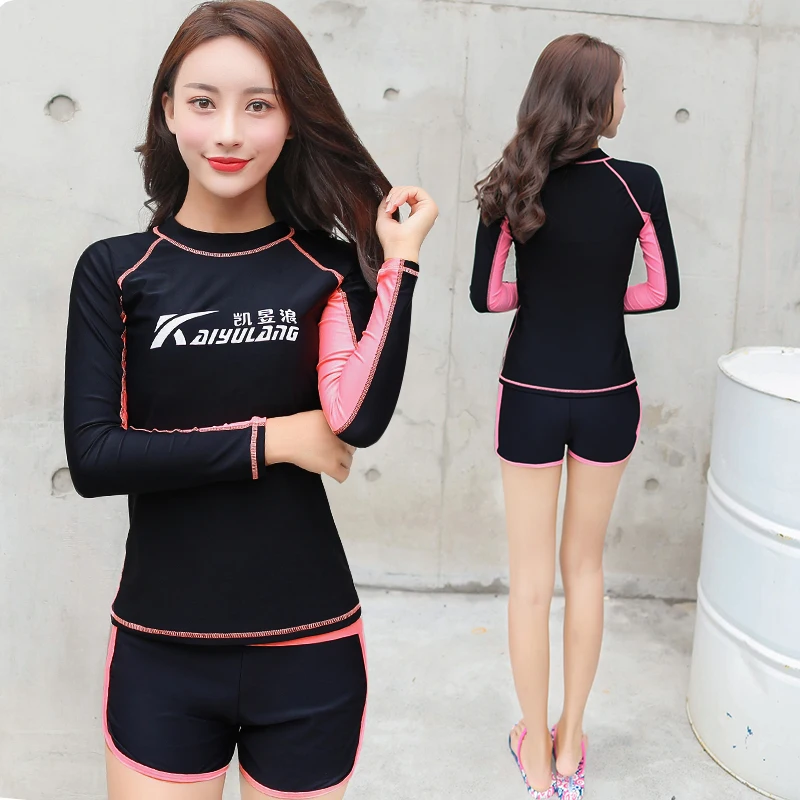 

Two Pieces Women Swimsuit Long Sleeves+Shorts Bright Colors Swimwear Girl Surfing Clothes Plus Large Size