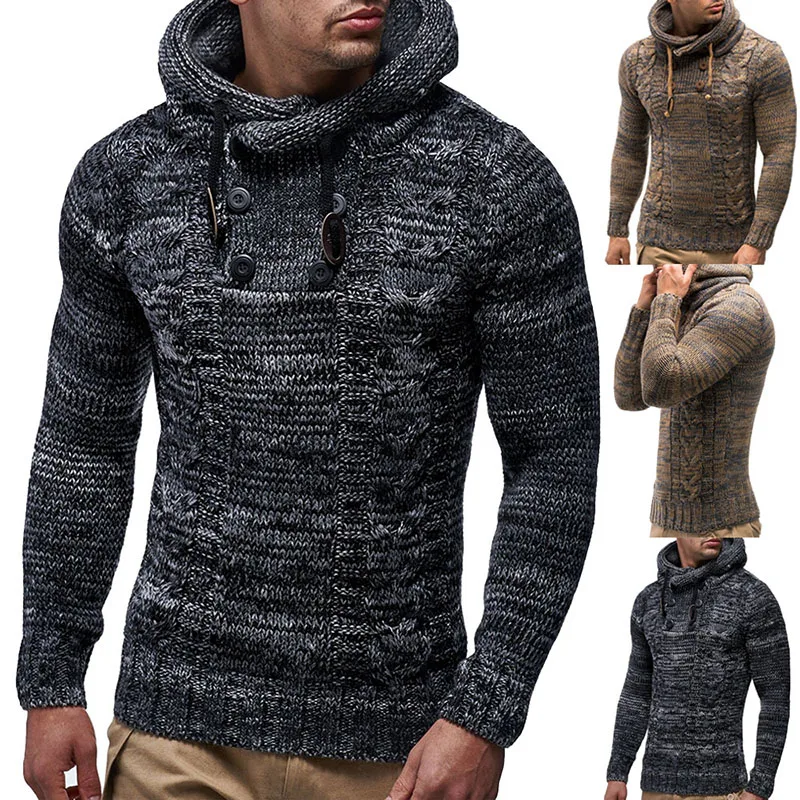 

ZOGAA Men's Sweater Winter Double-Breasted Knitted Pullovers Jumpers Coat Hooded Slim Tops Outwear Casual Slim Turtleneck Tops