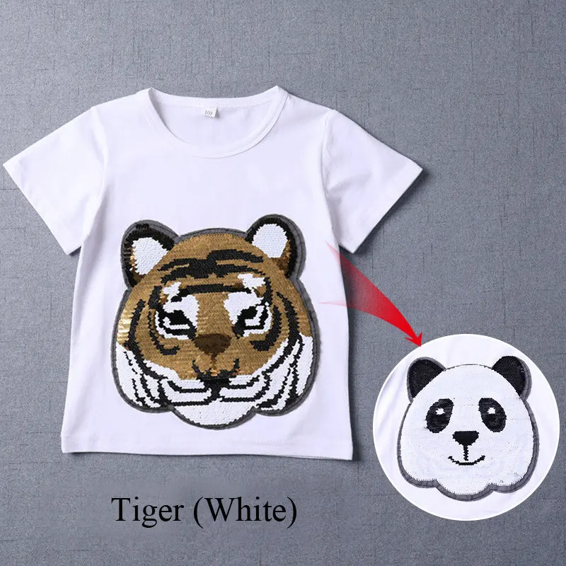 Tiger (White) От 3 до 12 лет футболка с блестками для девочек топы для мальчиков, футболка для маленьких мальчиков и девочек г. Летние детские футболки, футболка на день рождения Детские футболки, одежда - Цвет: Tiger (White)