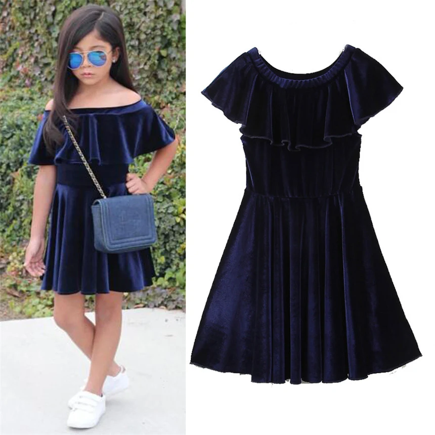 Girls Princess Dress Dark Blue Velvet A Line Evening Dresses Children