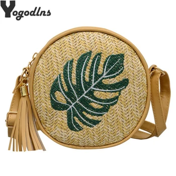 

2020 Pineapple Embroidered Round Straw Bags Women Summer Rattan Bag Handmade Woven Beach Crossbody Bag Circle Bohemia Handbag
