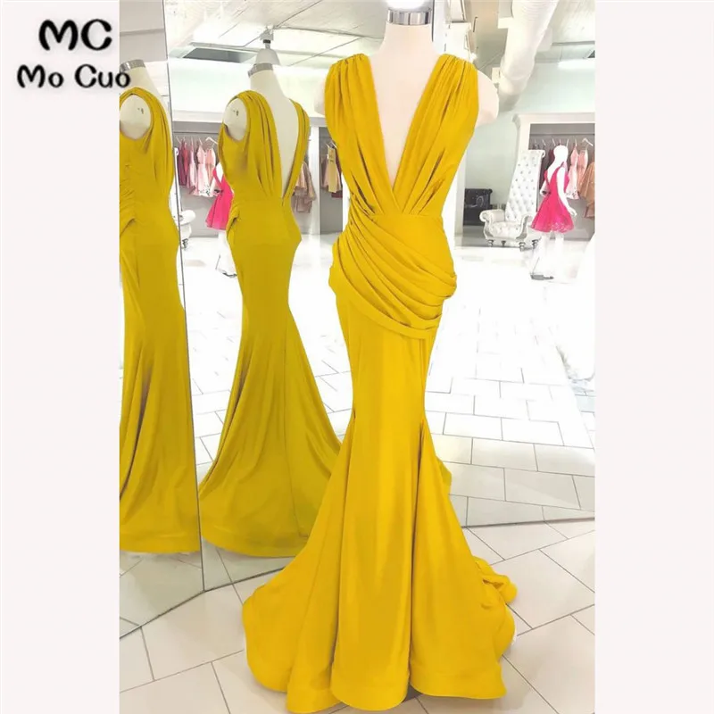 

2018 Elegant Mermaid Prom Dresses Long Deep V-Neck Vestido Longo Elastic Satin Yellow Formal Evening Party Dress
