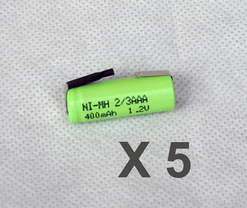 

5PCS 1.2V 2/3AAA rechargeable battery 400mah 2/3 AAA ni-mh nimh cell with tab pins for electric shaver razor cordless phone