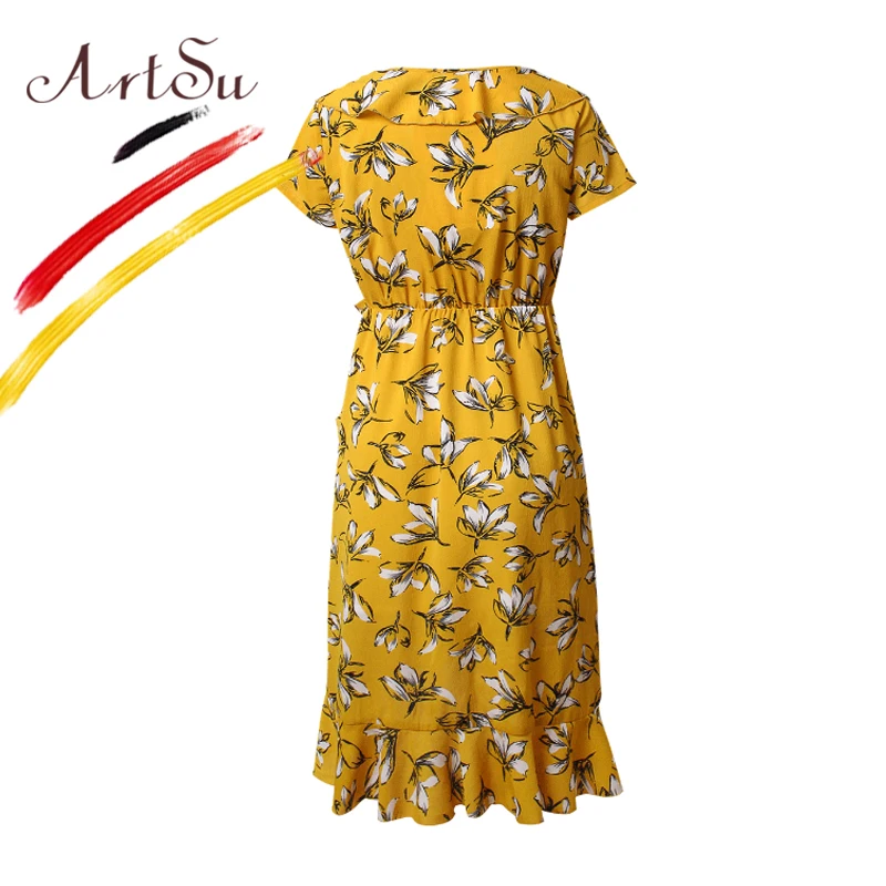 ArtSu النساء عارضة قصيرة الأكمام اللباس الصيف الخامس الرقبة الكشكشة مثير شاطئ Vestidos دي فيستا الأزياء الأزهار طباعة بوهو اللباس الأصفر