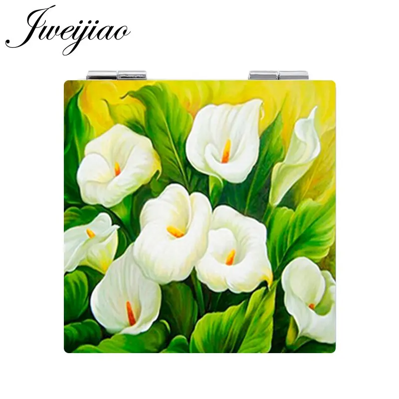 

JWEIJIAO Flowers Potted Plant Photo Makeup Mirror Mini Folding Square 1X/2X Magnifying PU Leather Pocket Mirror Beauty Health