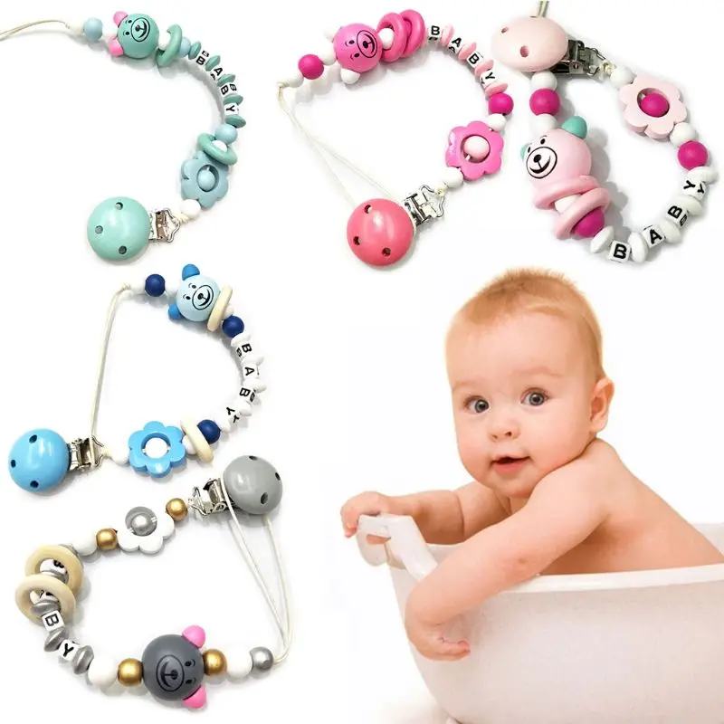 

Pacifier Clip Baby Nipple Holder Chain Bear Floral Beads Silicone Wood Soother Letter Anti Drop Infant Feeding Newborn Nursing