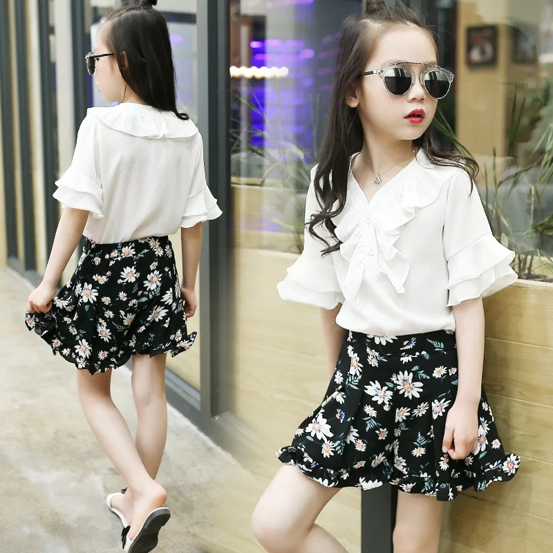 

Anlencool High quality fashion 2018 summer new children's clothing Shirt + skirt 2pcs set Baby girls clothing set 3-12 years