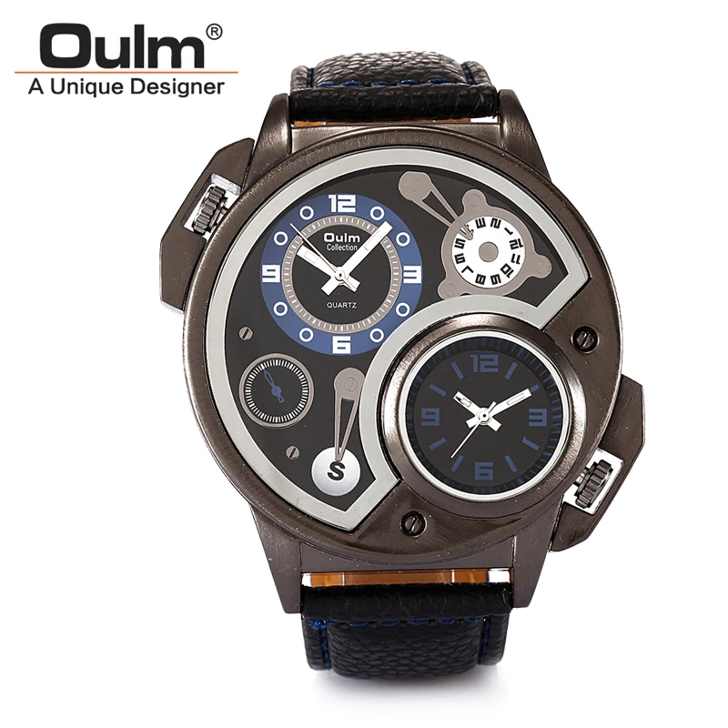font b Oulm b font 3578 Double Movt Male Quartz Watch Leather Band Wristwatch Military