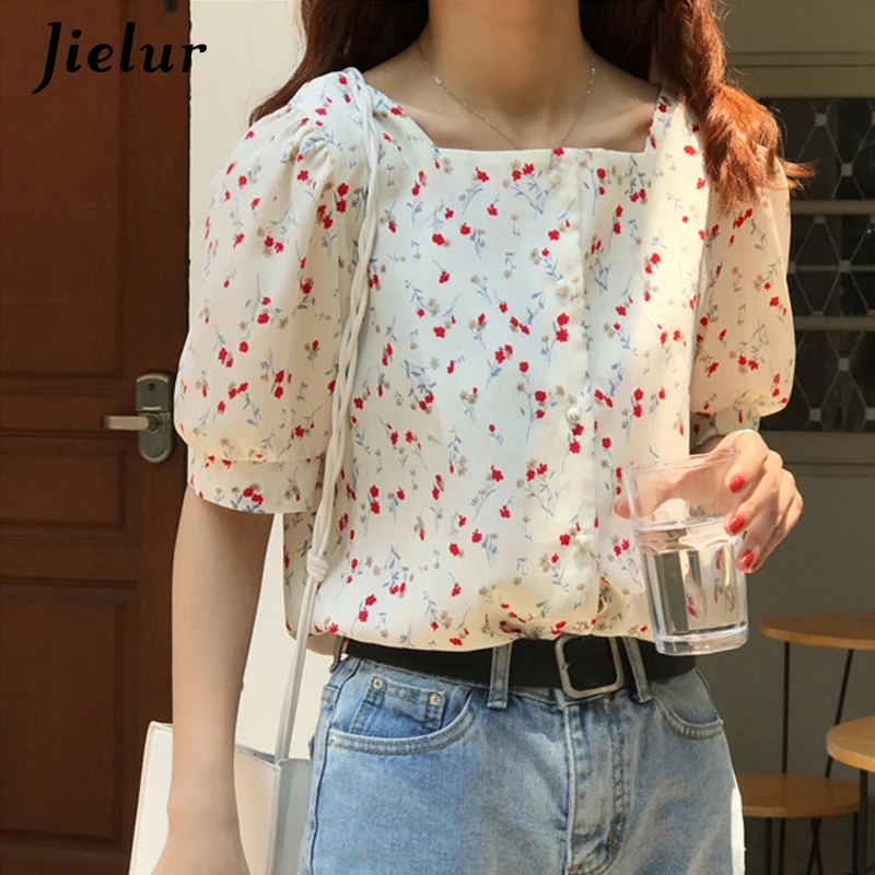  Jielur Shirts Women Korean Style Loose Floral Print Square Collar Short Sleeve Shirt Summer Casual 