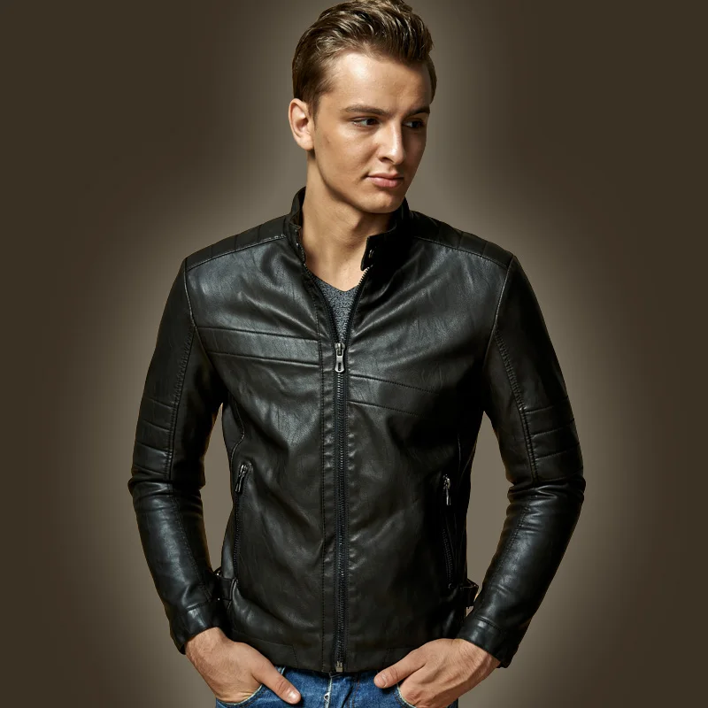 Mens Motorcycle Jacket PU Leather Coat Stand Collar Fit Classic Biker
