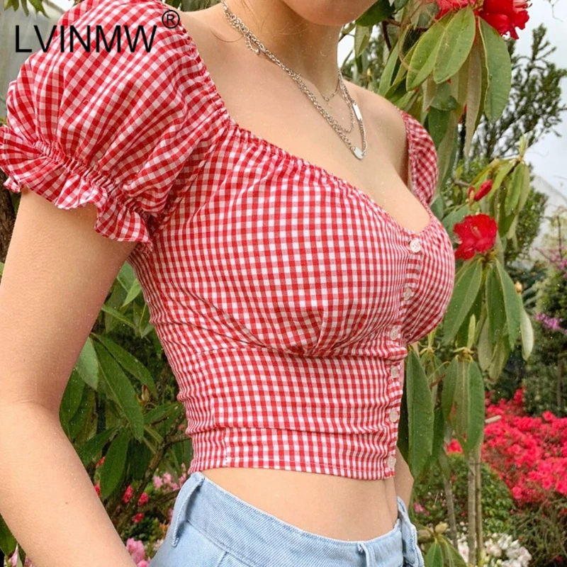 LVINMW Sexy Plaid Low Cut Button short Sleeve Ruffle Crop Top Summer Women Casual Skinny T shirt Female High Street Tee Top