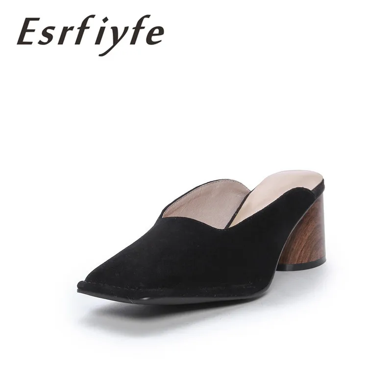 

ESRFIYFE 2019 New Women Genuine Leather High Heels Square Toe Fashion Dress Mules Shoes Comfortable Summer Pumps Shoes Woman