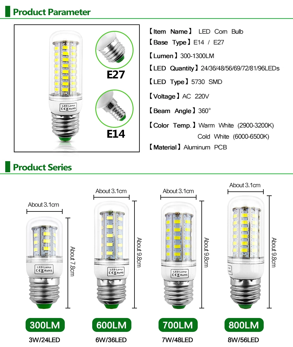 Светодиодный светильник-кукуруза E27, E14, 110 В, 220 В, SMD5730, 3 Вт, 7 Вт, 12 Вт, 15 Вт, 18 Вт, светильник, лампада, светодиодный, диодные лампы, энергосберегающий светильник для дома