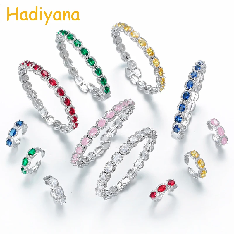 

HADIYANA Colorful High Quality Copper Jewelry Sets Bracelet Ring 2pcs AAA Colorful Cubic Zircon Bridal Wedding Set Party SZ204-1